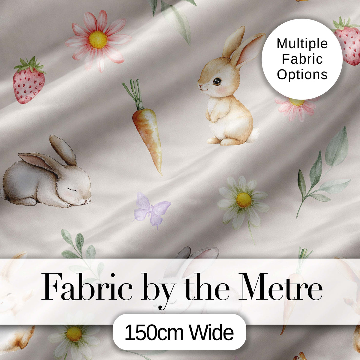 Bunny Rabbits with Flowers Carrots and Butterflies Warm Beige Background Digital Print Fabric by the Metre UK Sewing Quilting Textile