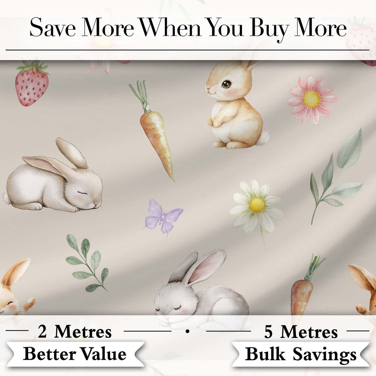 Bunny Rabbits with Flowers Carrots and Butterflies Warm Beige Background Digital Print Fabric by the Metre UK Sewing Quilting Textile