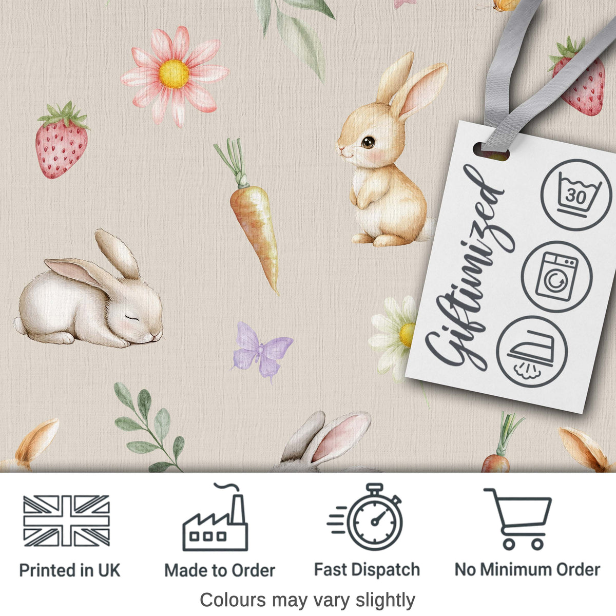 Bunny Rabbits with Flowers Carrots and Butterflies Warm Beige Background Digital Print Fabric by the Metre UK Sewing Quilting Textile