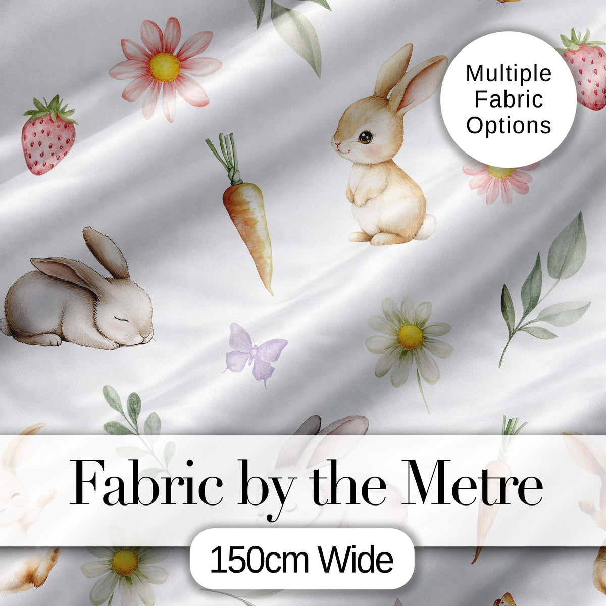Bunny Rabbits with FlowersCarrots and Butterflies Soft Neutral Grey Background Digital Print Fabric by the Metre UK Sewing Quilting Textile