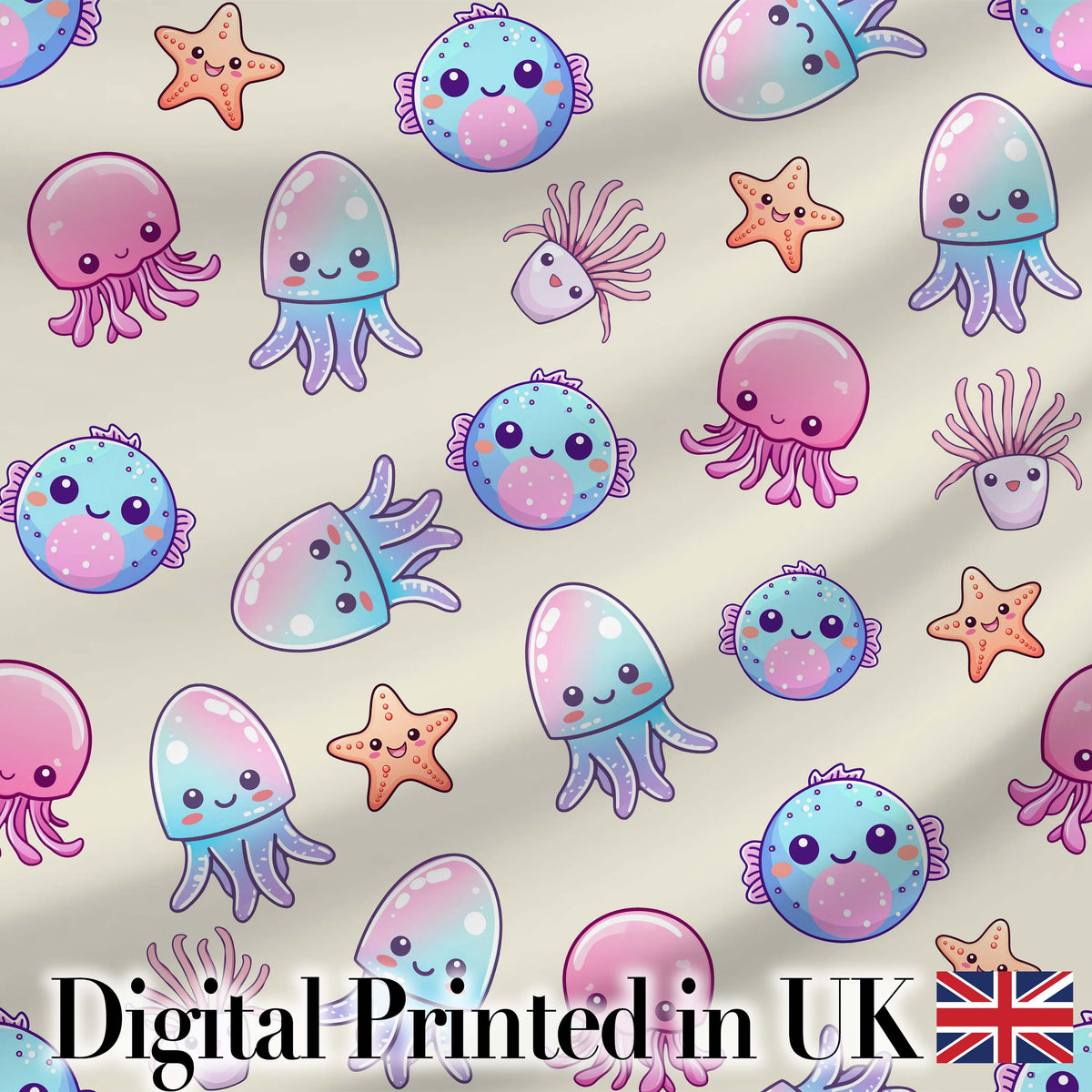 Kawaii Jellyfish Starfish and Sea Creatures Pastel Beige Background Digital Print Fabric by the Metre UK Sewing Quilting Textile