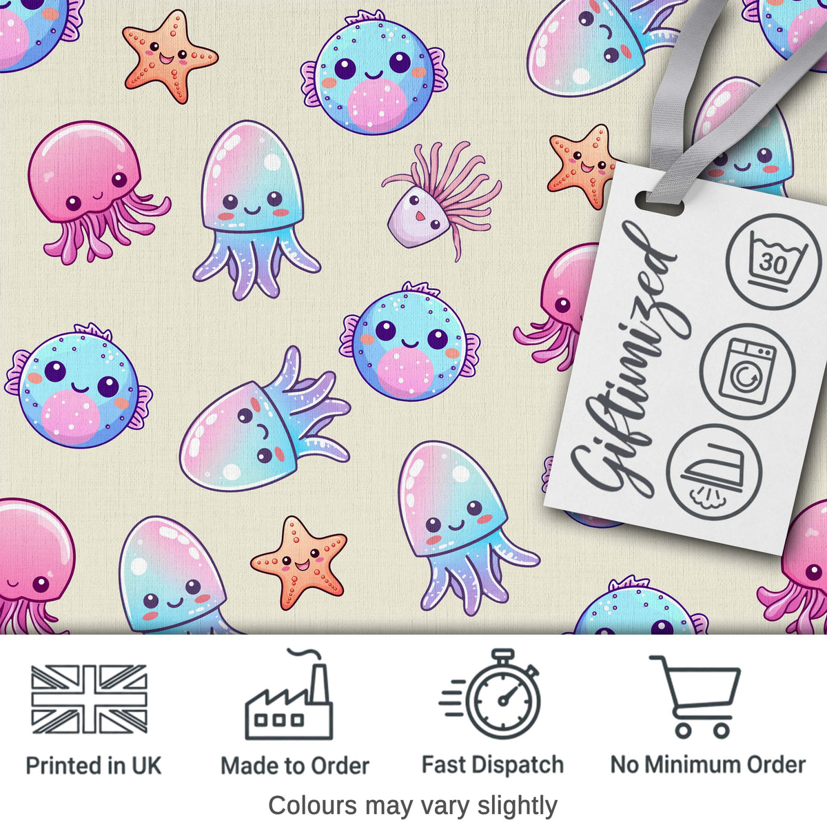 Kawaii Jellyfish Starfish and Sea Creatures Pastel Beige Background Digital Print Fabric by the Metre UK Sewing Quilting Textile