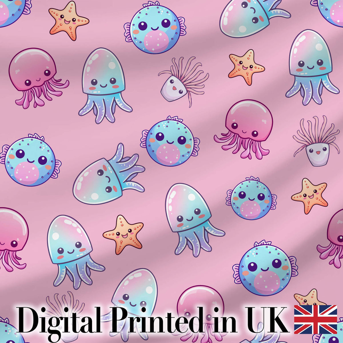Kawaii Jellyfish Starfish and Cute Sea Creatures Warm Pink Background Digital Print Fabric by the Metre UK Sewing Quilting Textile