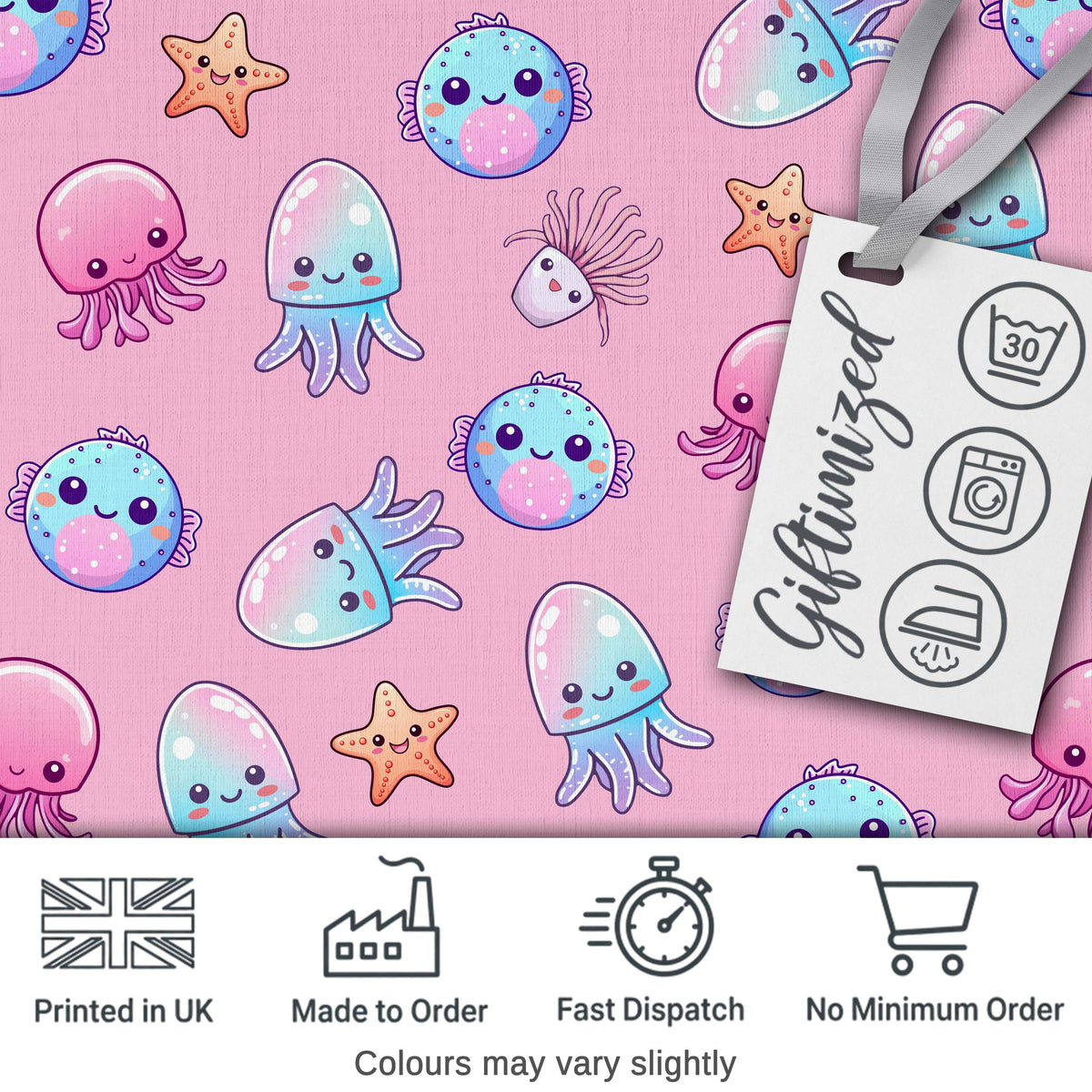 Kawaii Jellyfish Starfish and Cute Sea Creatures Warm Pink Background Digital Print Fabric by the Metre UK Sewing Quilting Textile