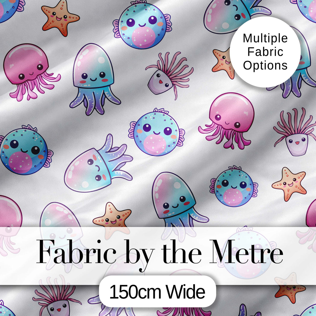 Kawaii Jellyfish Starfish and Sea Creatures Light Grey Background Digital Print Fabric by the Metre UK Sewing Quilting Textile