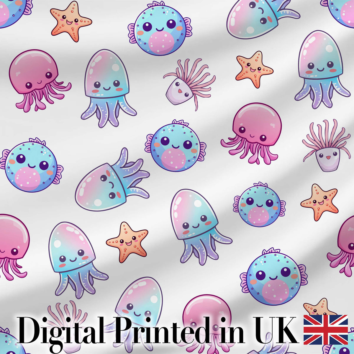 Kawaii Jellyfish Starfish and Sea Creatures Light Grey Background Digital Print Fabric by the Metre UK Sewing Quilting Textile