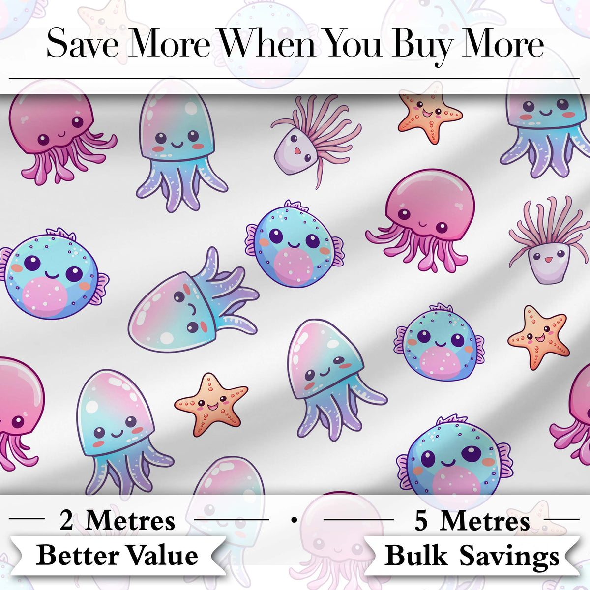 Kawaii Jellyfish Starfish and Sea Creatures Light Grey Background Digital Print Fabric by the Metre UK Sewing Quilting Textile