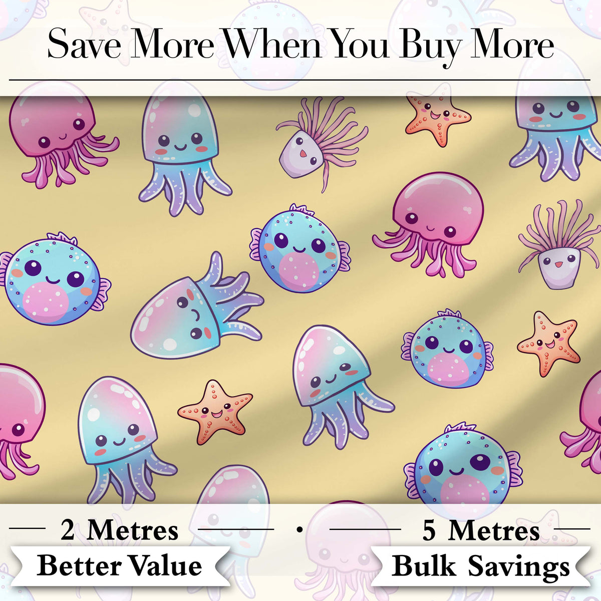 Jellyfish Starfish and Cute Sea Creatures Warm Mustard Yellow Background Digital Print Fabric by the Metre UK Sewing Quilting Textile