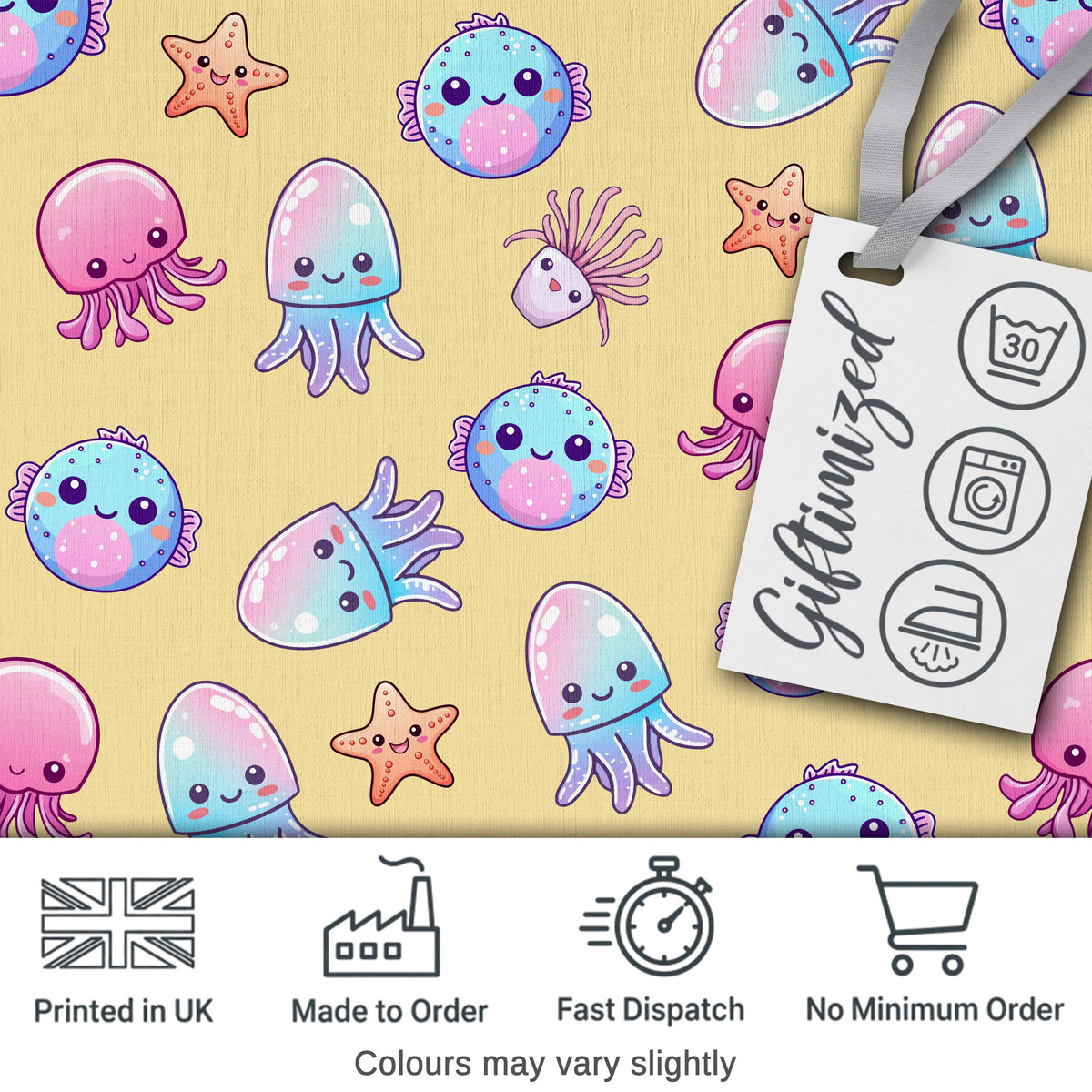 Jellyfish Starfish and Cute Sea Creatures Warm Mustard Yellow Background Digital Print Fabric by the Metre UK Sewing Quilting Textile