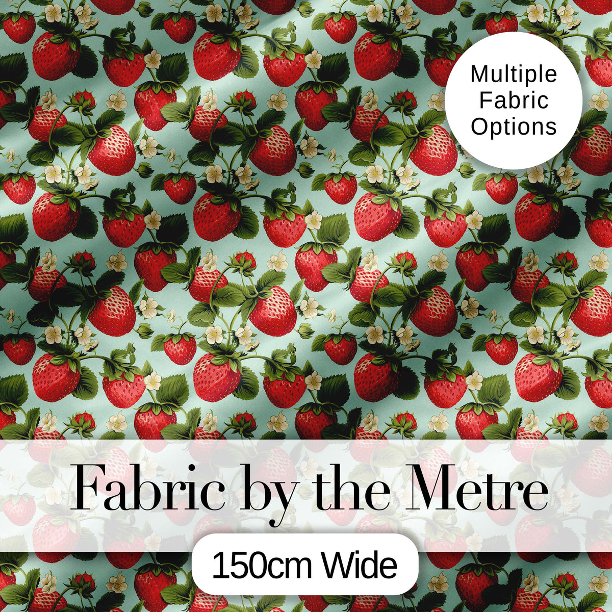 Vintage Style Strawberries and Blossoms on Soft Mint Green Background Digital Print Fabric by the Metre UK Sewing Quilting Textile