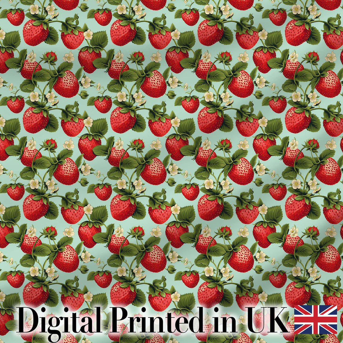 Vintage Style Strawberries and Blossoms on Soft Mint Green Background Digital Print Fabric by the Metre UK Sewing Quilting Textile