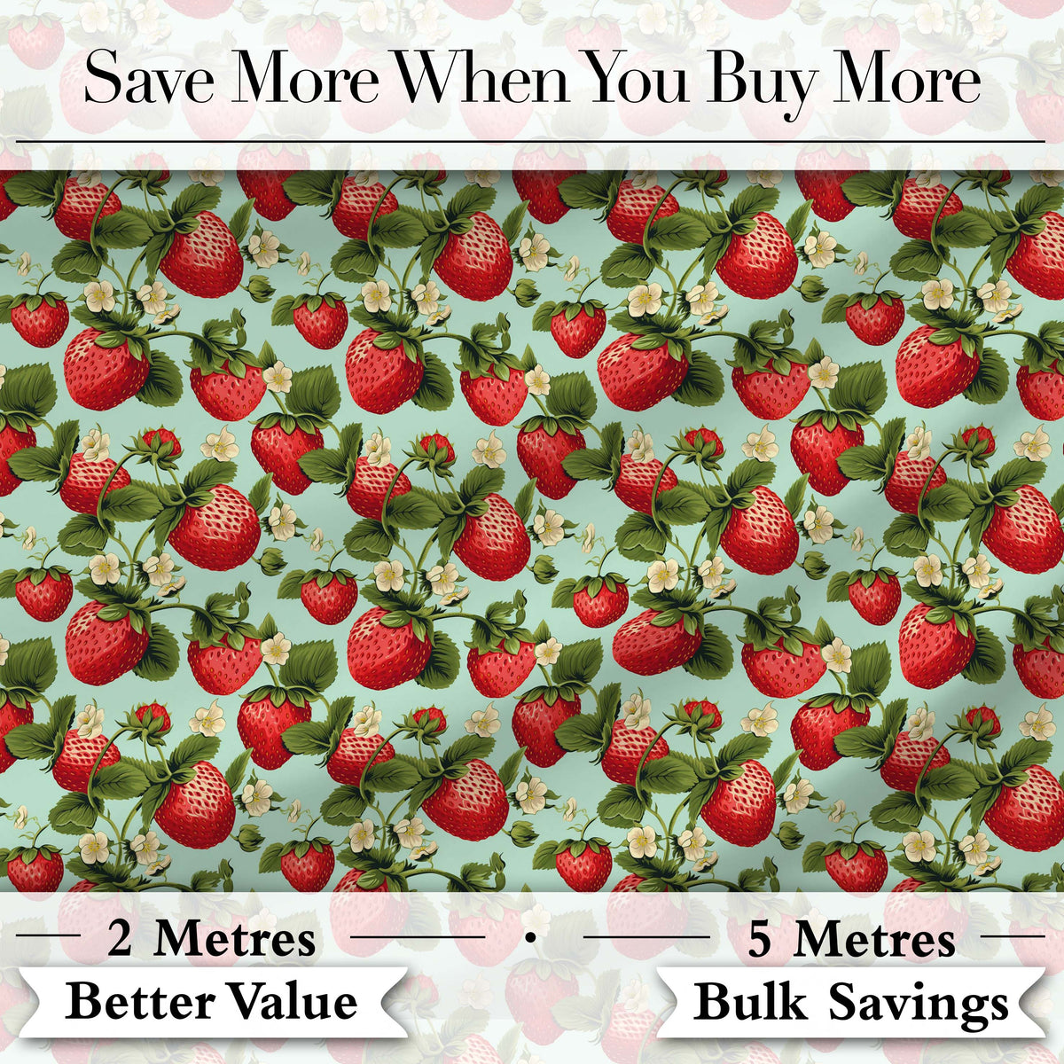 Vintage Style Strawberries and Blossoms on Soft Mint Green Background Digital Print Fabric by the Metre UK Sewing Quilting Textile
