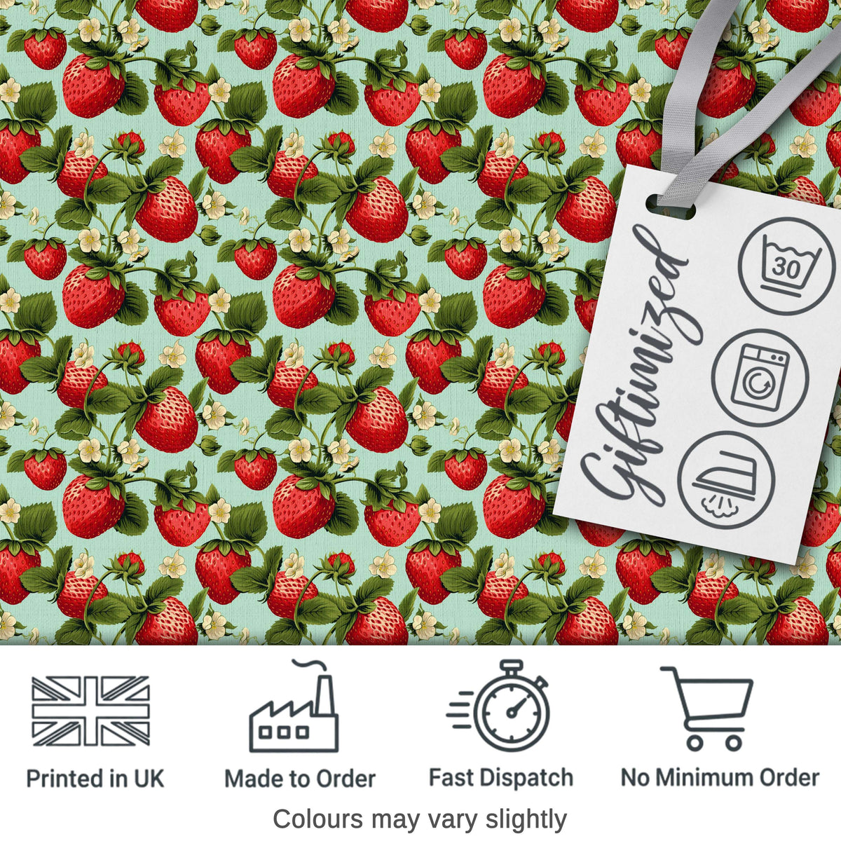 Vintage Style Strawberries and Blossoms on Soft Mint Green Background Digital Print Fabric by the Metre UK Sewing Quilting Textile