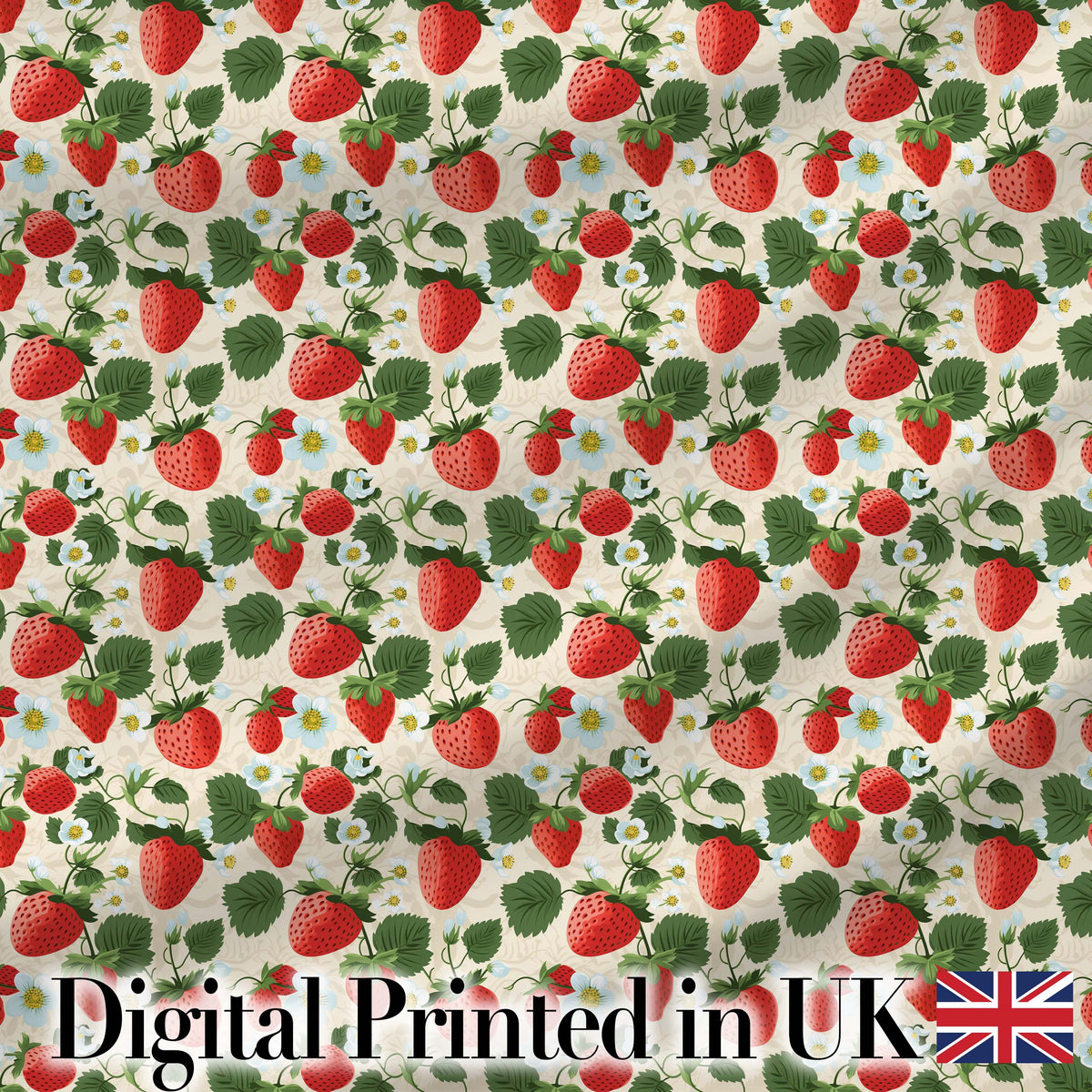 Vintage Strawberries and Floral Garden on Cream Beige Background Digital Print Fabric by the Metre UK Sewing Quilting Textile