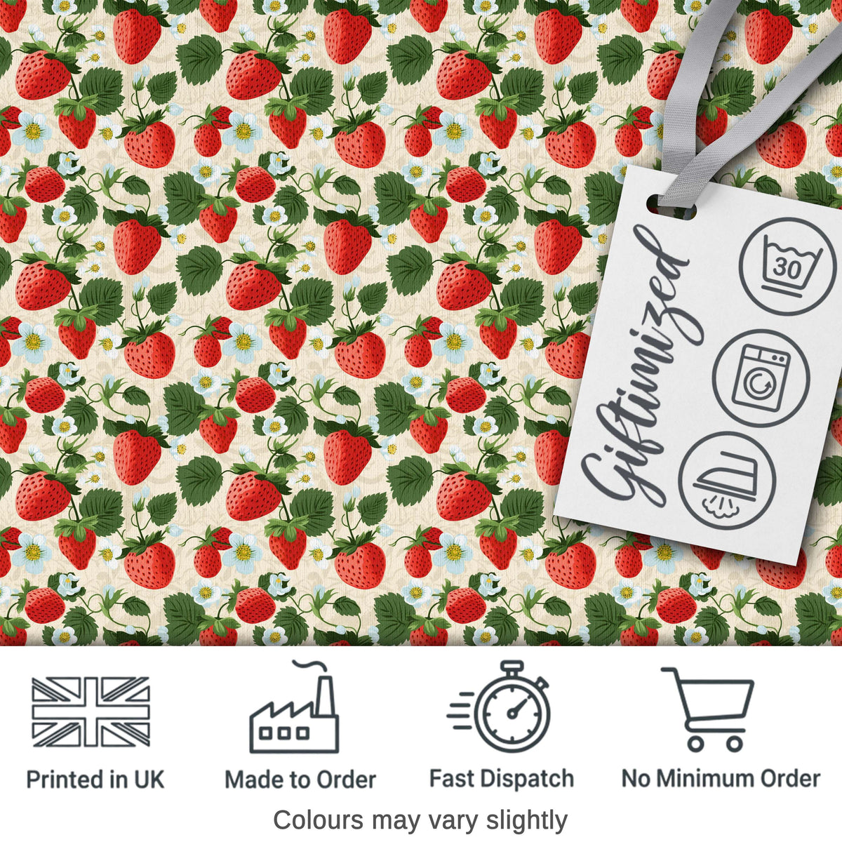 Vintage Strawberries and Floral Garden on Cream Beige Background Digital Print Fabric by the Metre UK Sewing Quilting Textile