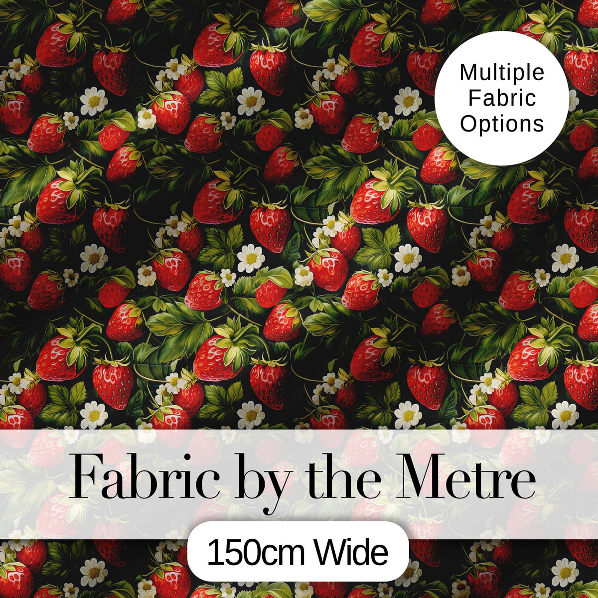 Rich Vintage Strawberries Leaves and Blossoms on Dark Background Digital Print Fabric by the Metre UK Sewing Quilting Textile