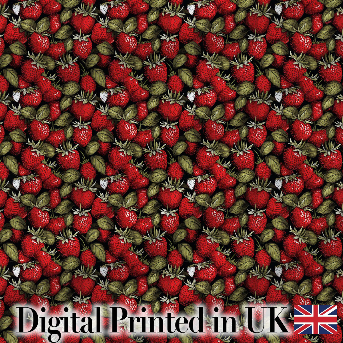 Dense Vintage Strawberries and Foliage on Black Background Seamless Pattern Digital Print Fabric by the Metre UK Sewing Quilting Textile