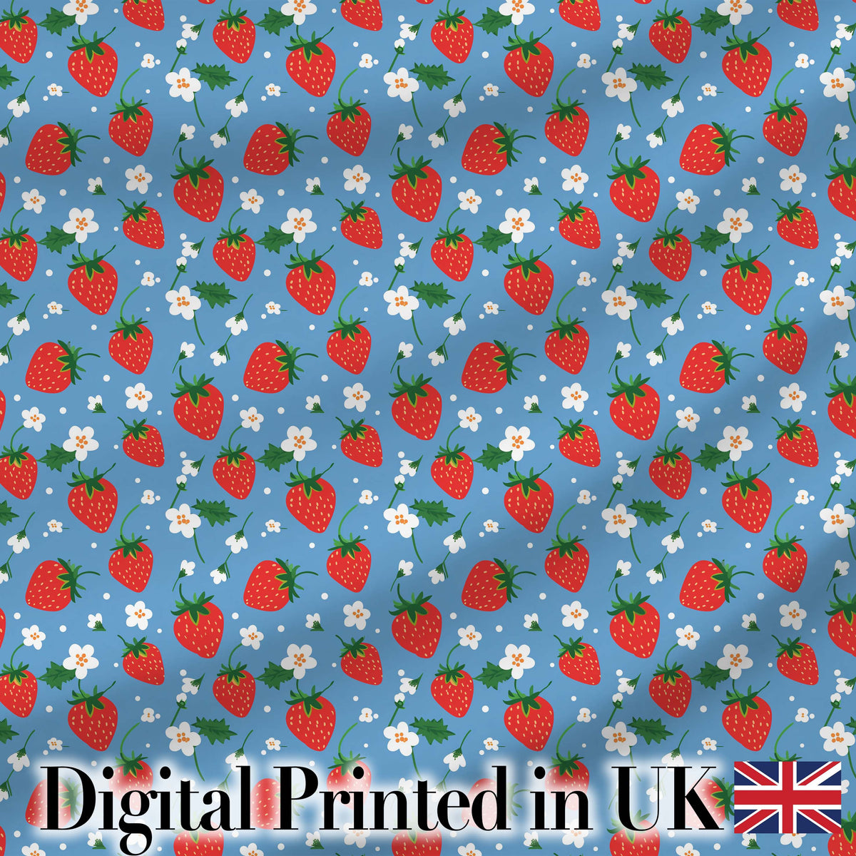 Cute Simple Strawberries and Flowers on Blue Background Seamless Pattern Digital Print Fabric by the Metre UK Sewing Quilting Textile