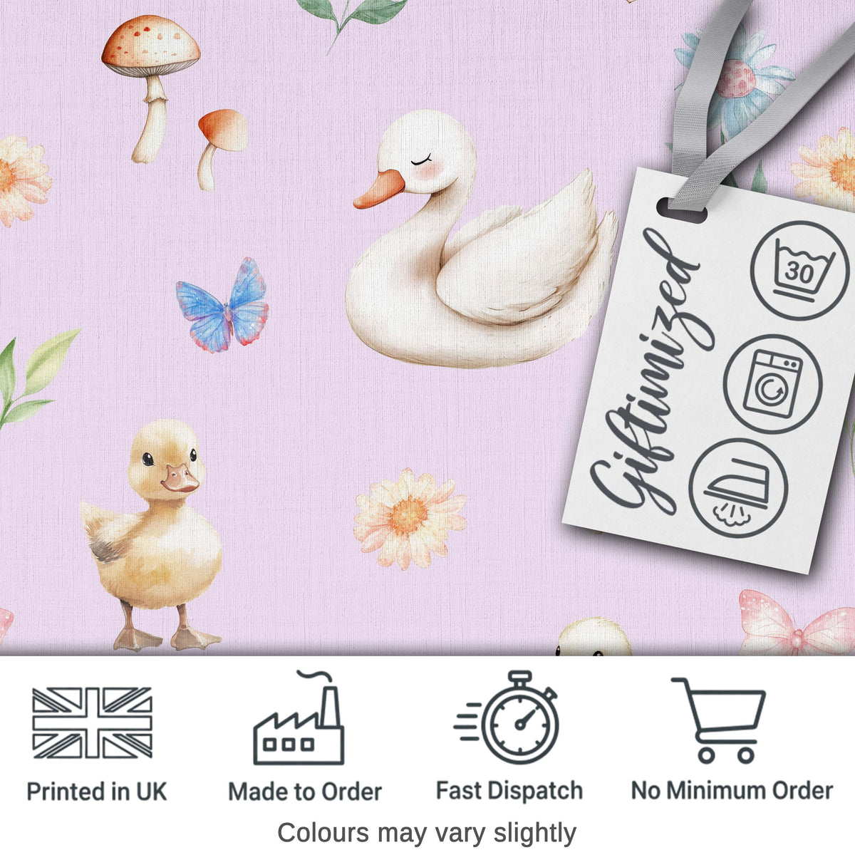 Cute Swan Ducklings Mushrooms and Flowers on Soft Lavender Background Digital Print Fabric by the Metre UK Sewing Quilting Textile