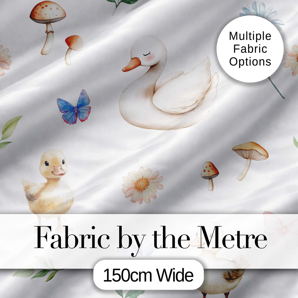 Cute Swan Ducklings Mushrooms and Flowers on Light Background Seamless Pattern Digital Print Fabric by the Metre UK Sewing Quilting Textile