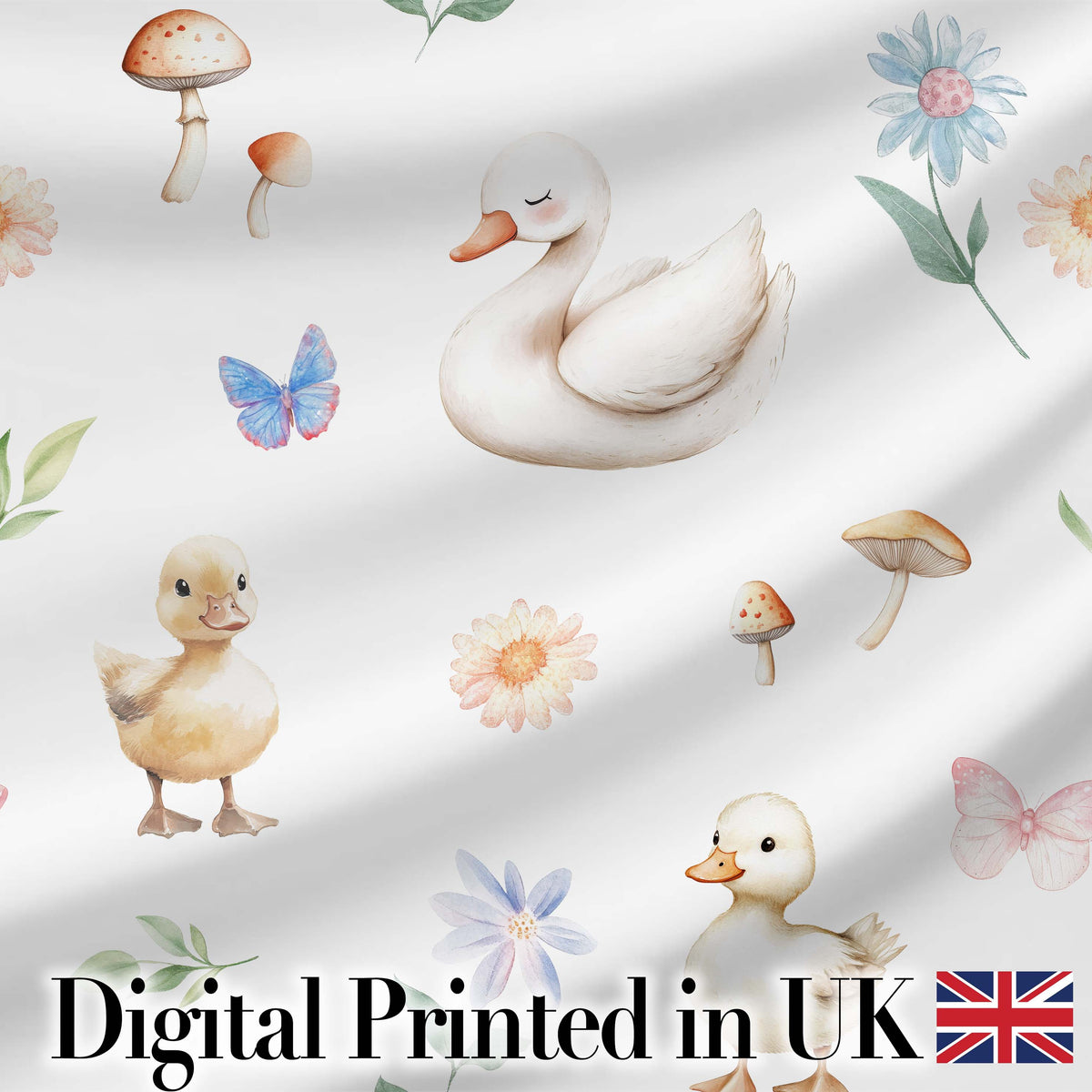Cute Swan Ducklings Mushrooms and Flowers on Light Background Seamless Pattern Digital Print Fabric by the Metre UK Sewing Quilting Textile
