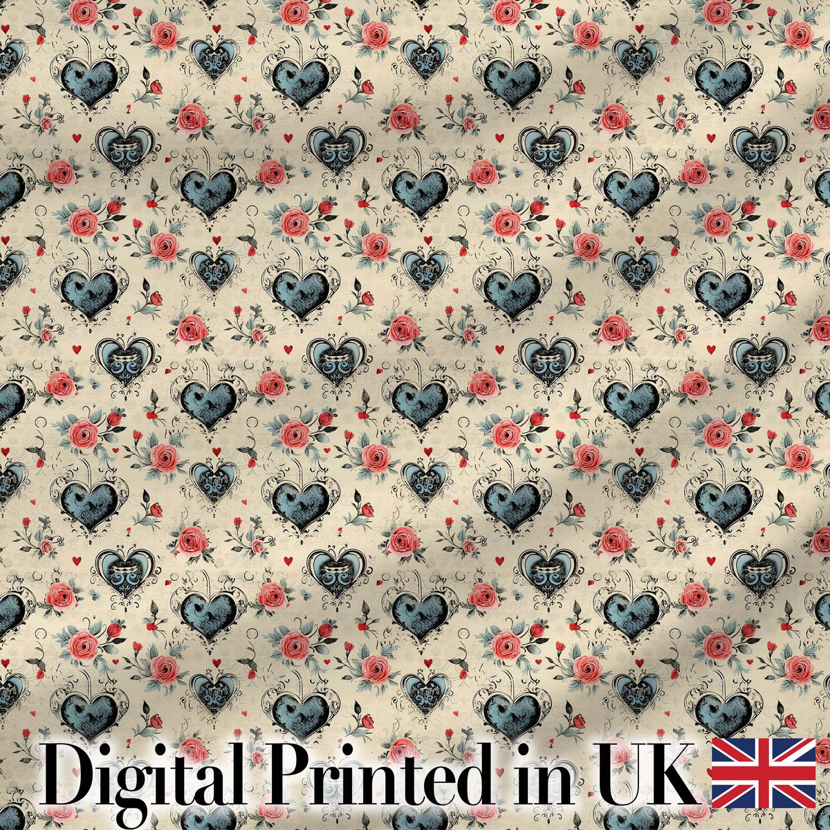 Vintage Hearts and Roses Floral Romantic on Beige Background Digital Print Fabric by the Metre UK Sewing Quilting Textile