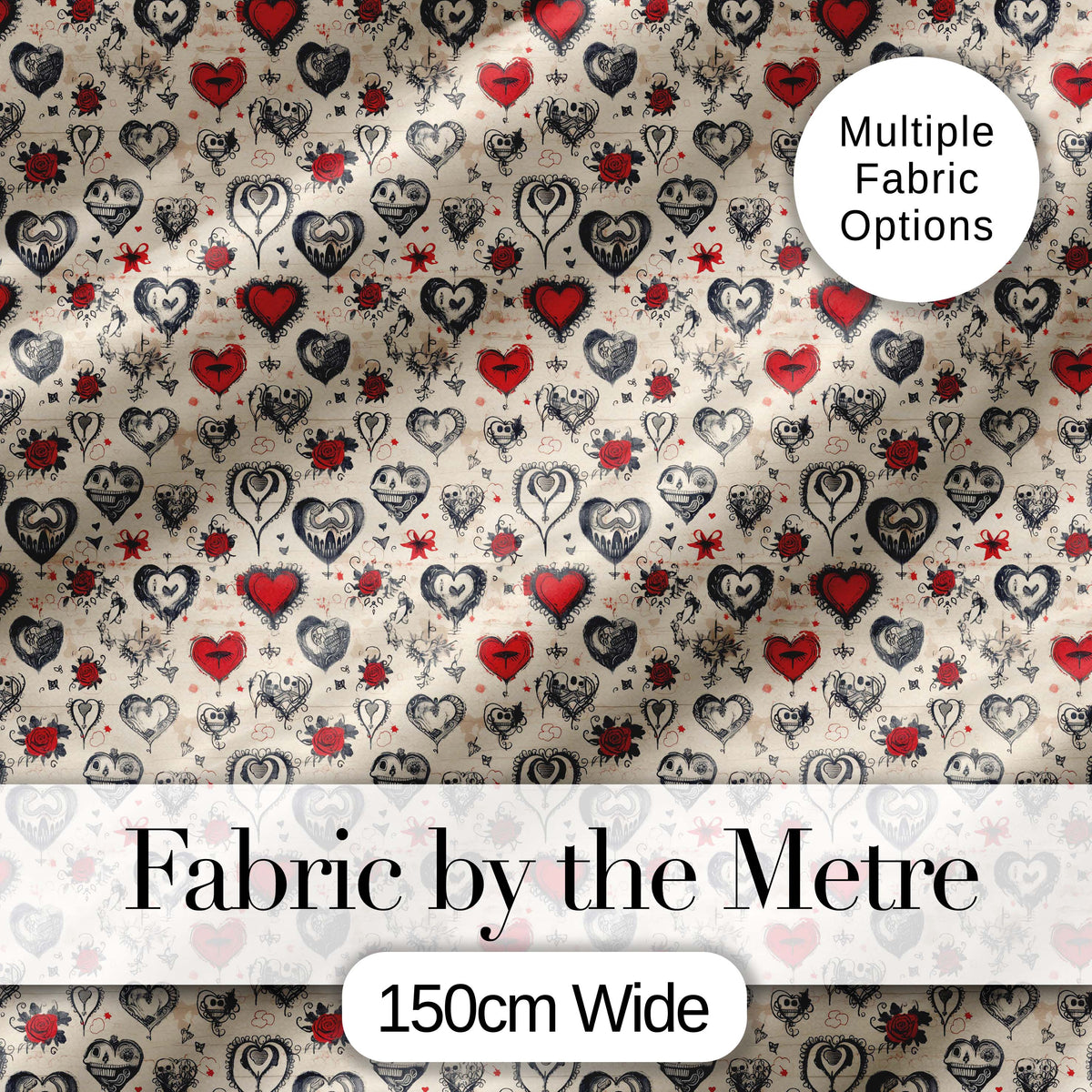 Vintage Gothic Hearts Skulls and Roses Tattoo Style Seamless Pattern Digital Print Fabric by the Metre UK Sewing Quilting Textile