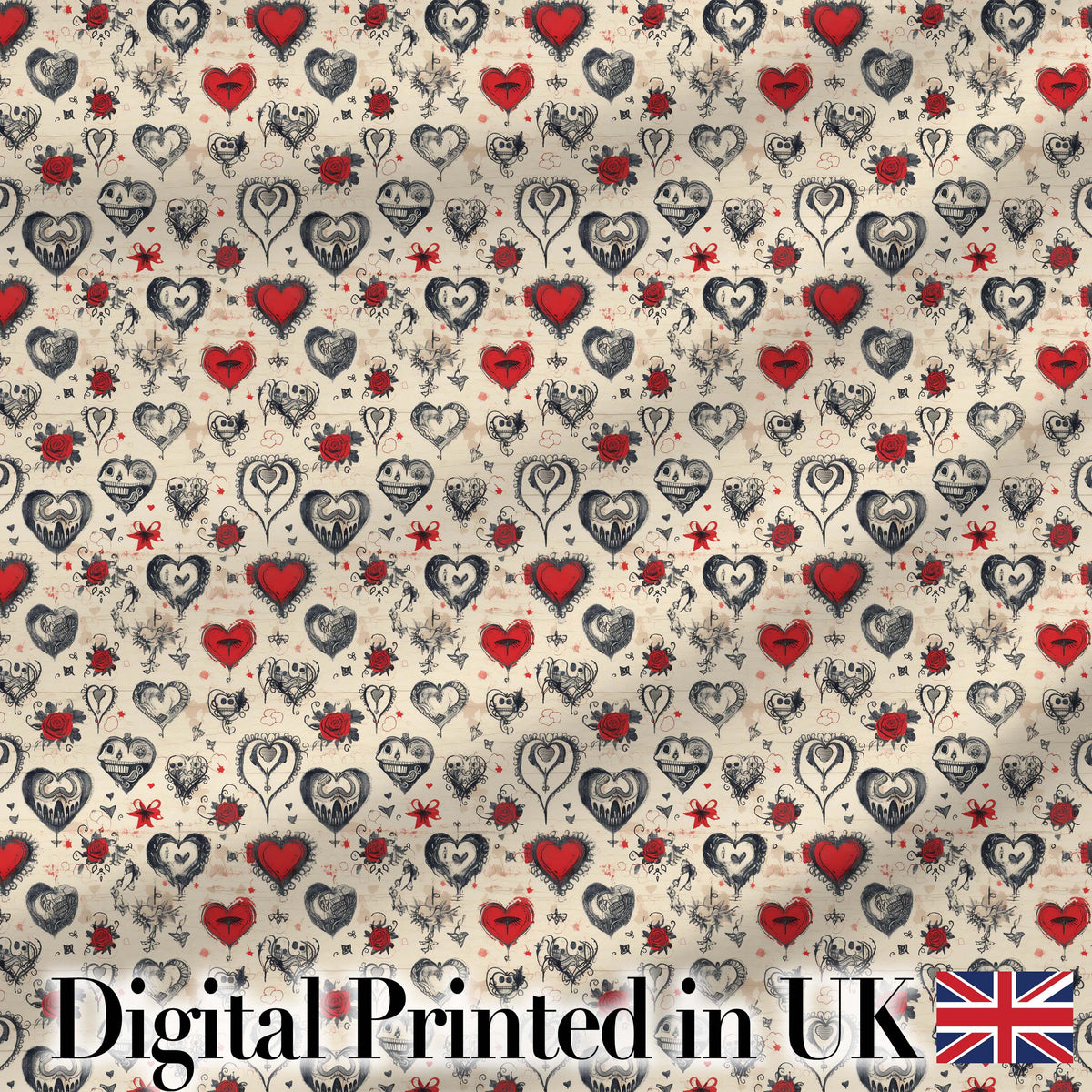 Vintage Gothic Hearts Skulls and Roses Tattoo Style Seamless Pattern Digital Print Fabric by the Metre UK Sewing Quilting Textile