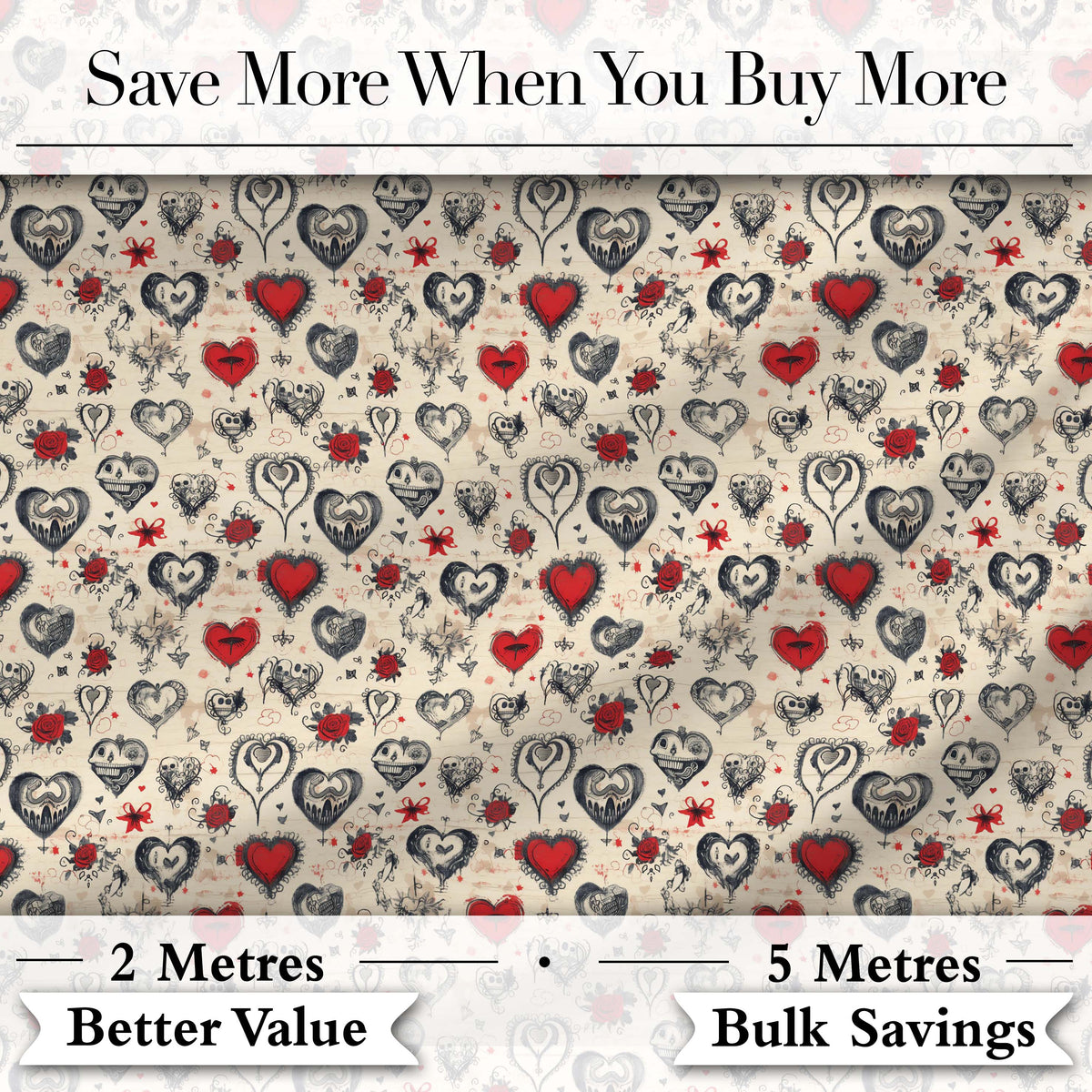 Vintage Gothic Hearts Skulls and Roses Tattoo Style Seamless Pattern Digital Print Fabric by the Metre UK Sewing Quilting Textile