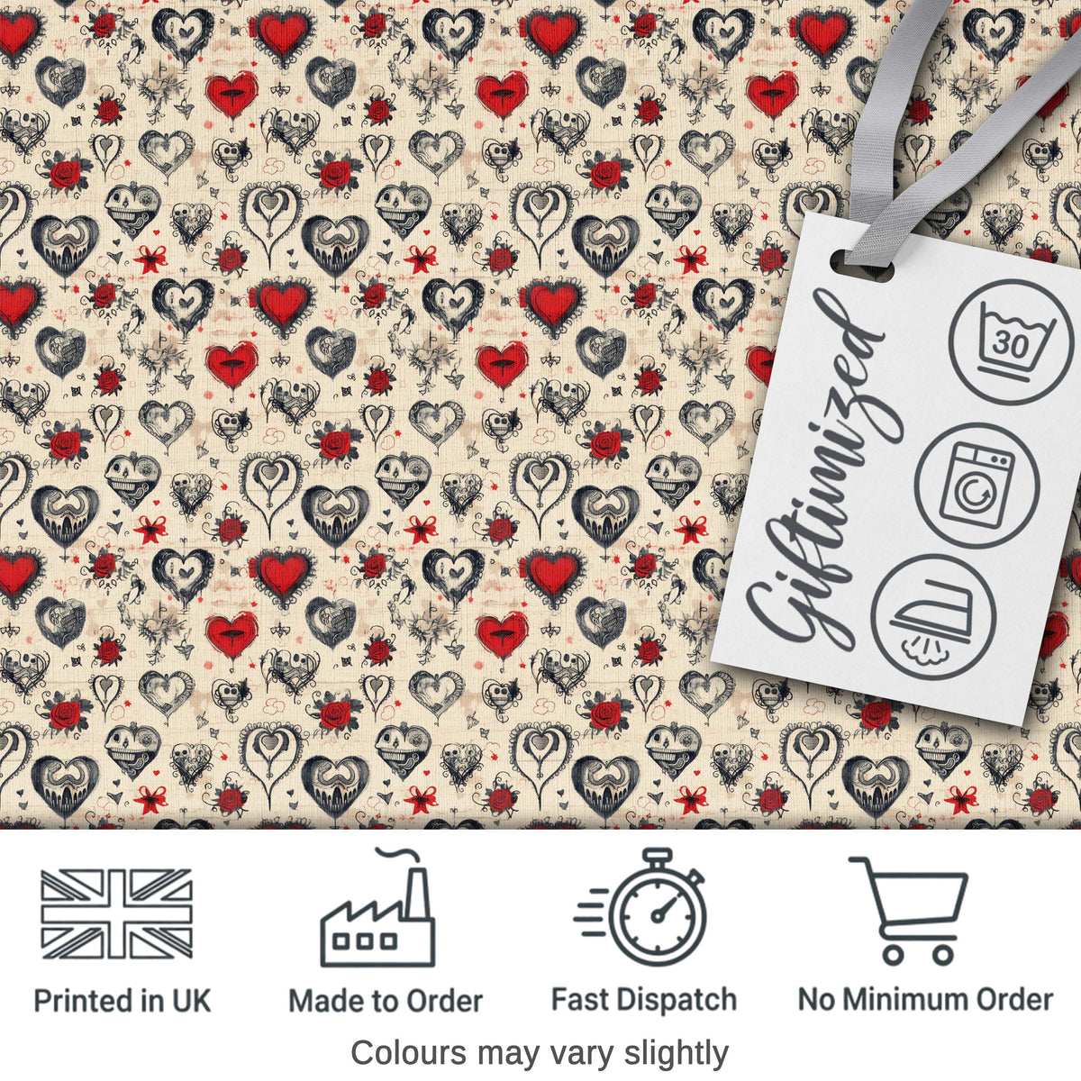 Vintage Gothic Hearts Skulls and Roses Tattoo Style Seamless Pattern Digital Print Fabric by the Metre UK Sewing Quilting Textile