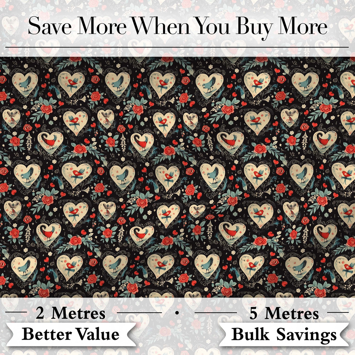 Cute Birds Hearts and Roses on Black Background Romantic Seamless Pattern Digital Print Fabric by the Metre UK Sewing Quilting Textile