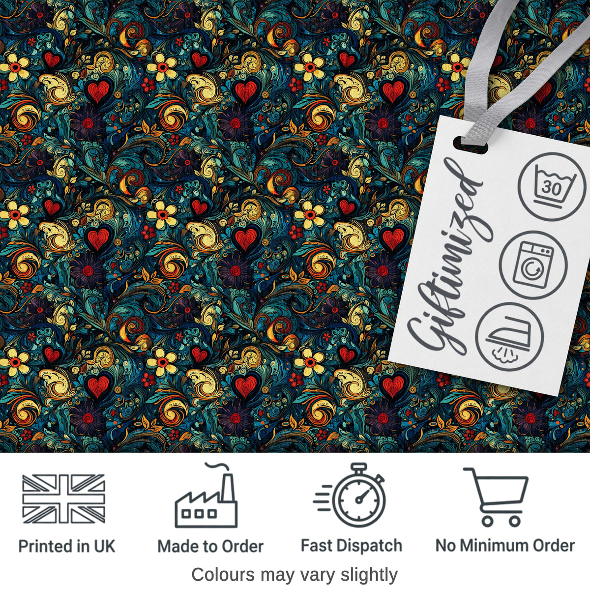 Ornate Floral Swirl Hearts on Dark Background Decorative Seamless Pattern Digital Print Fabric by the Metre UK Sewing Quilting Textile