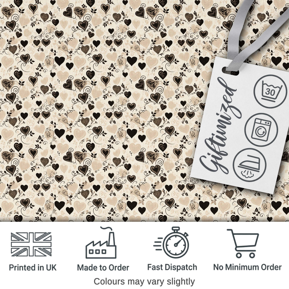 Vintage Beige and Brown Floral Heart Swirl Seamless Pattern Digital Print Fabric by the Metre UK Sewing Quilting Textile