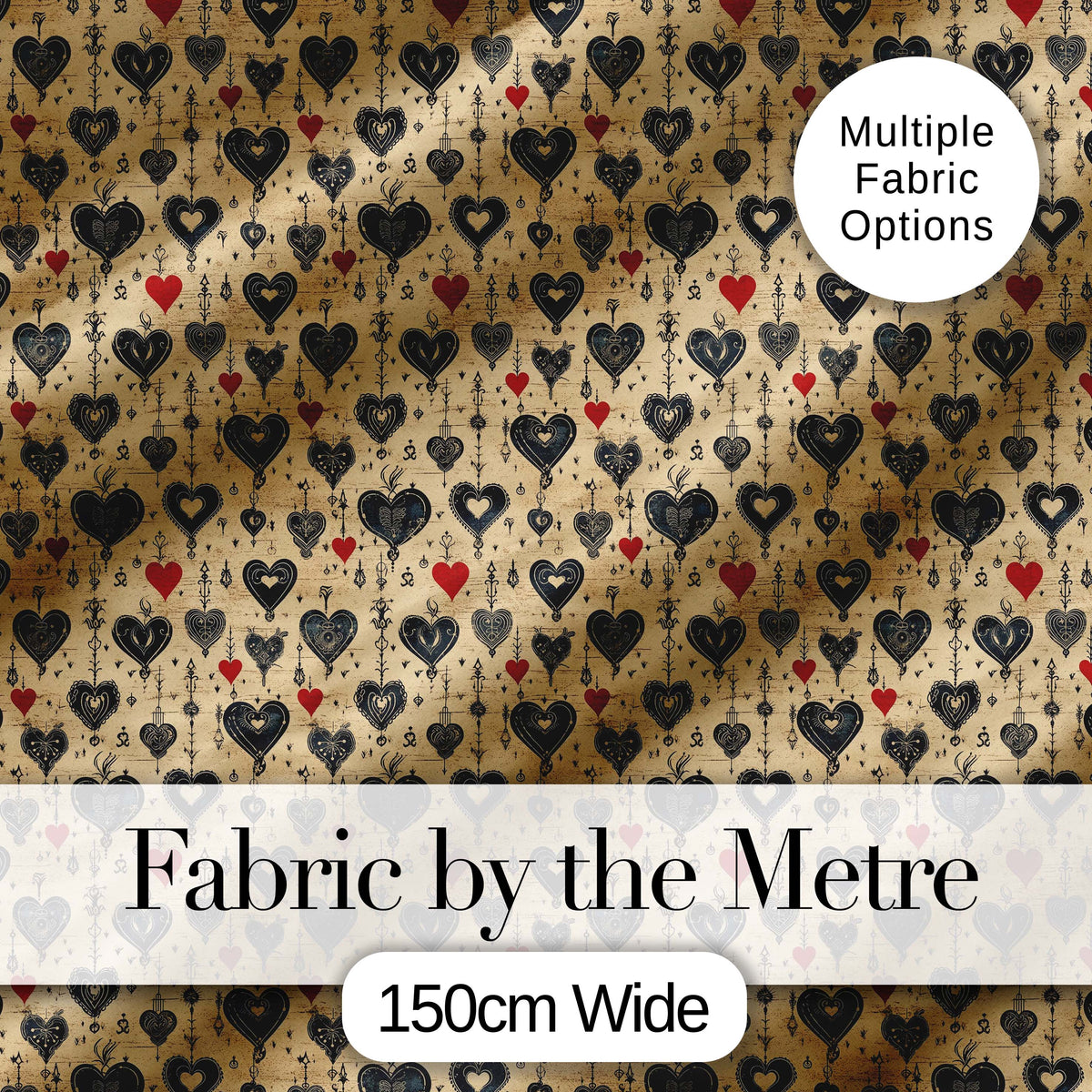 Grunge Gothic Heart and Red Accent Ornamental Seamless Pattern Digital Print Fabric by the Metre UK Sewing Quilting Textile