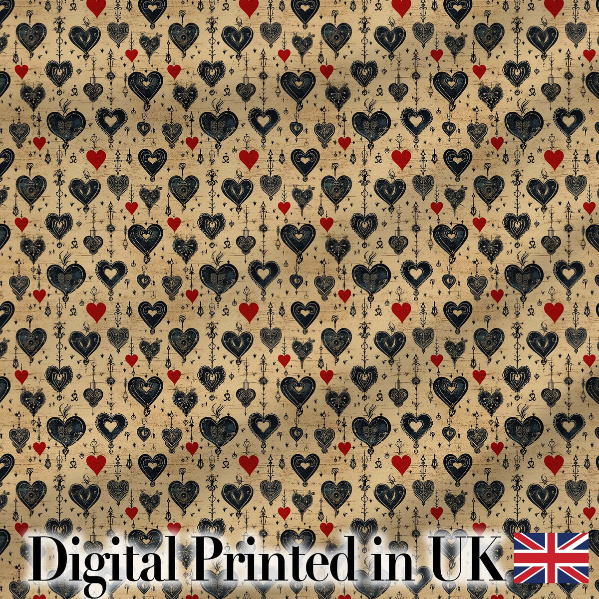 Grunge Gothic Heart and Red Accent Ornamental Seamless Pattern Digital Print Fabric by the Metre UK Sewing Quilting Textile