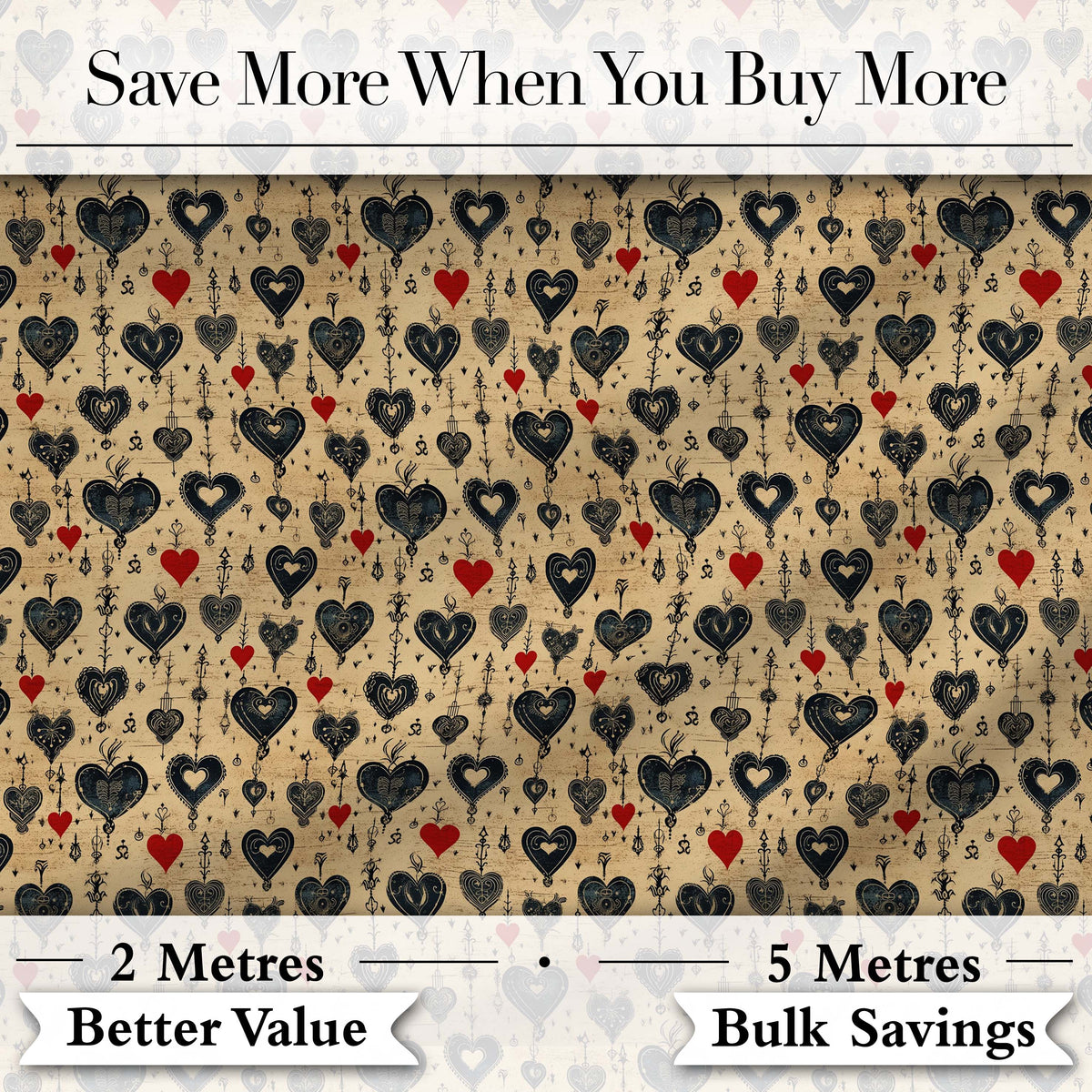 Grunge Gothic Heart and Red Accent Ornamental Seamless Pattern Digital Print Fabric by the Metre UK Sewing Quilting Textile