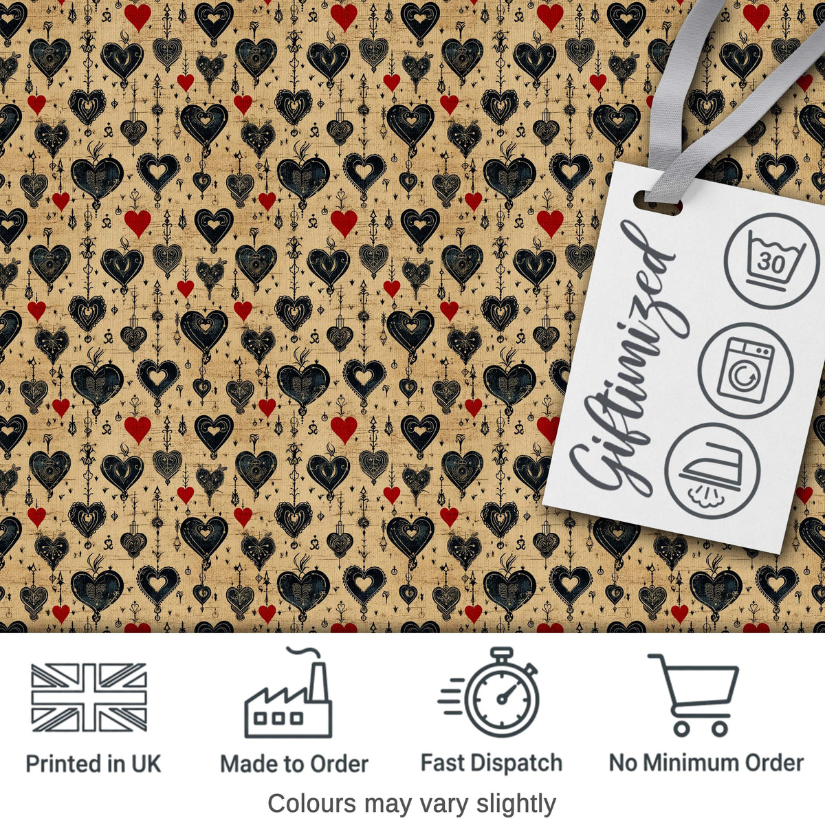 Grunge Gothic Heart and Red Accent Ornamental Seamless Pattern Digital Print Fabric by the Metre UK Sewing Quilting Textile