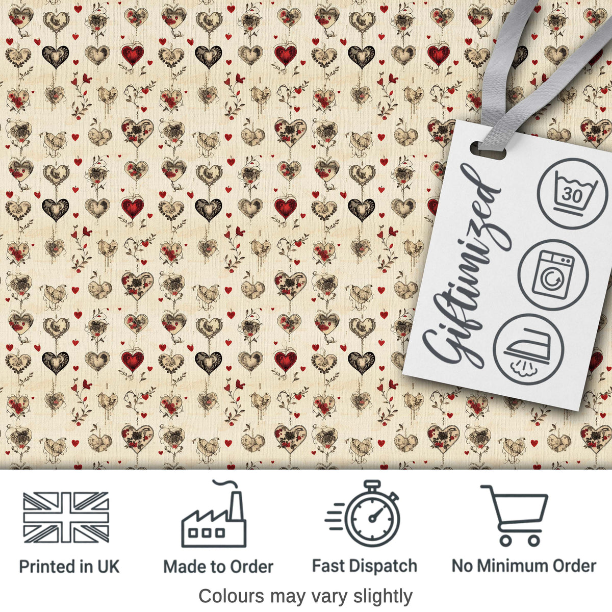 Elegant Vintage Hanging Heart and Floral Vine Seamless Pattern Digital Print Fabric by the Metre UK Sewing Quilting Textile