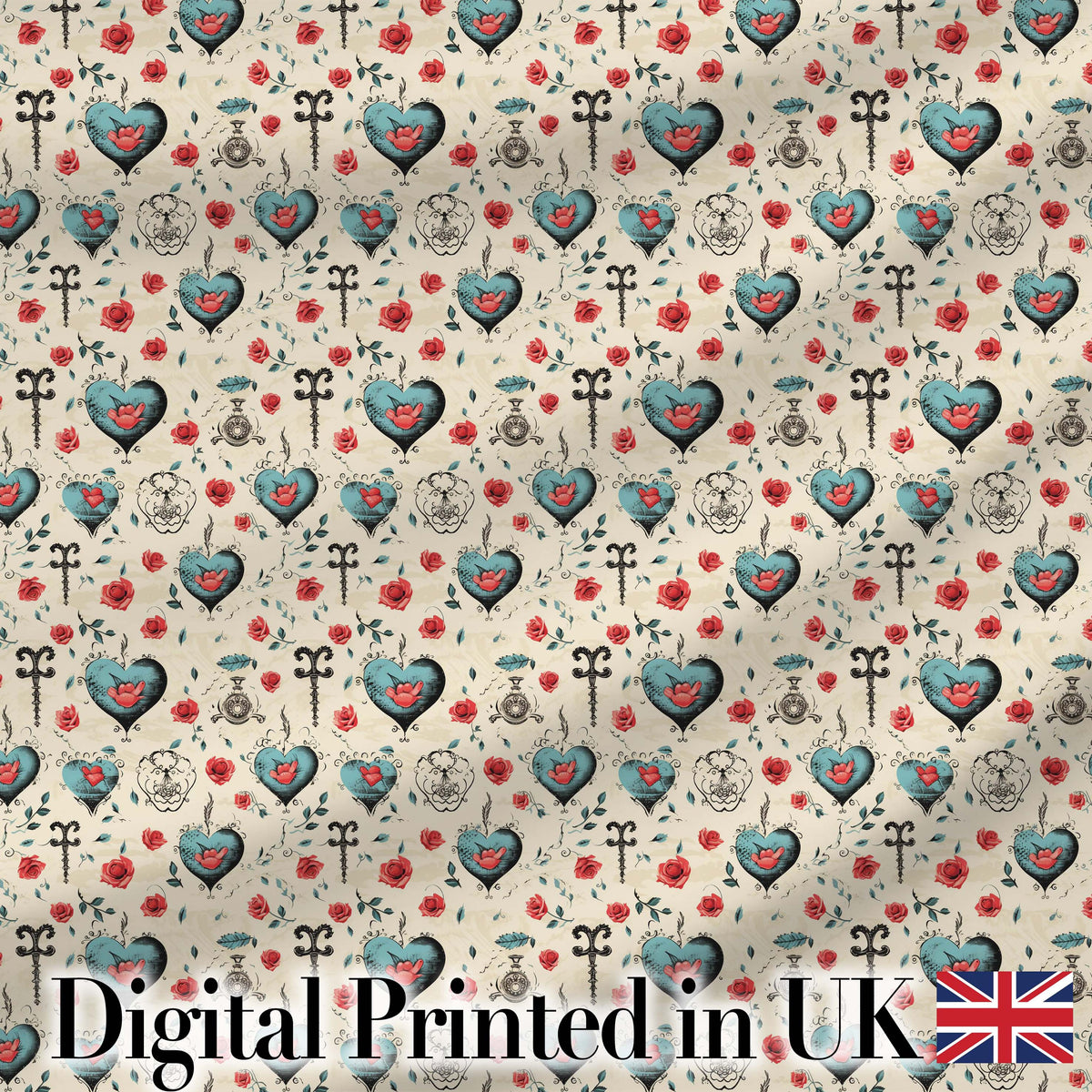 Blue Heart Rose and Key Motif Seamless Pattern Digital Print Fabric by the Metre UK Sewing Quilting Textile