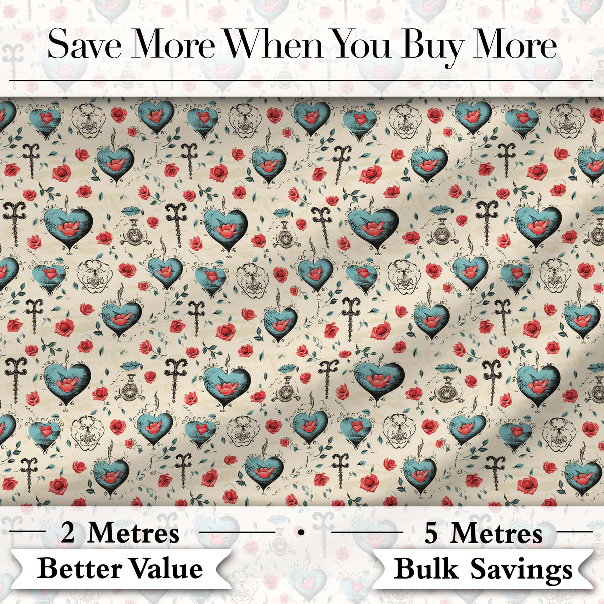 Blue Heart Rose and Key Motif Seamless Pattern Digital Print Fabric by the Metre UK Sewing Quilting Textile