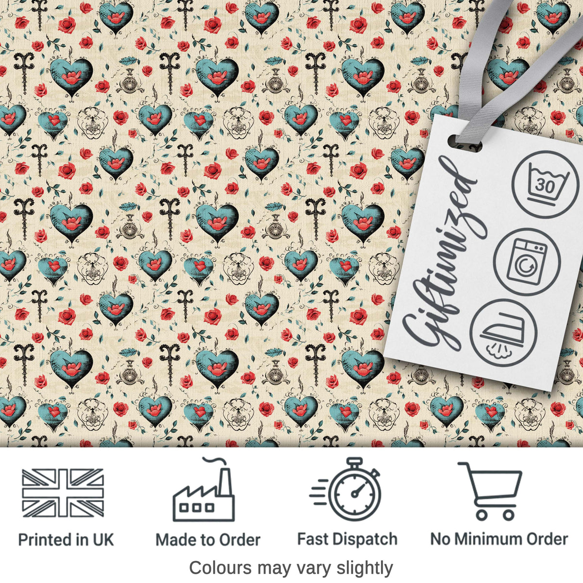 Blue Heart Rose and Key Motif Seamless Pattern Digital Print Fabric by the Metre UK Sewing Quilting Textile