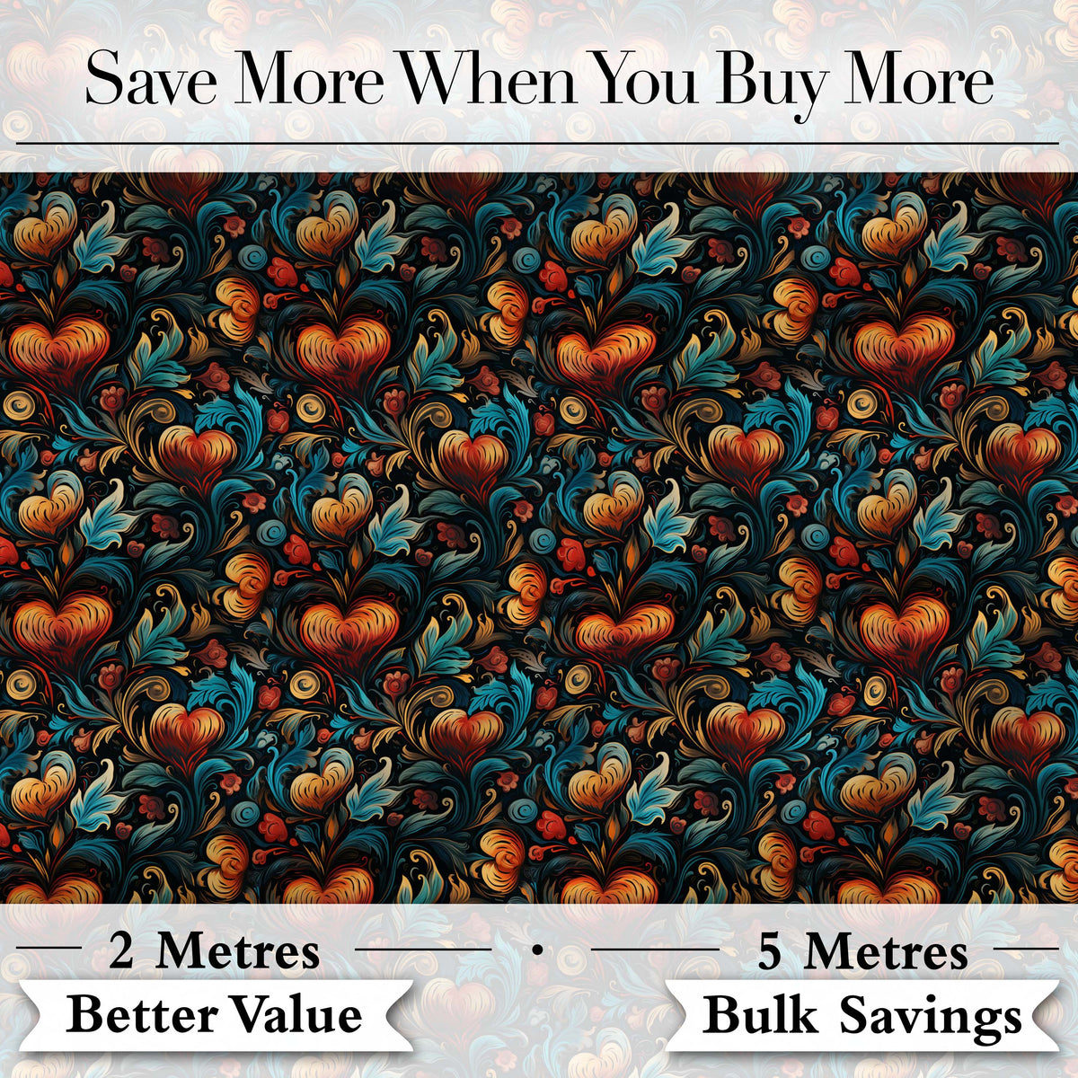 Luxurious Ornate Floral Heart Baroque Style Seamless Pattern Digital Print Fabric by the Metre UK Sewing Quilting Textile