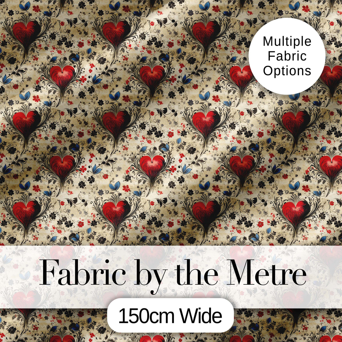 Vintage Red Heart Floral Swirl Ornamental Seamless Pattern Digital Print Fabric by the Metre UK Sewing Quilting Textile