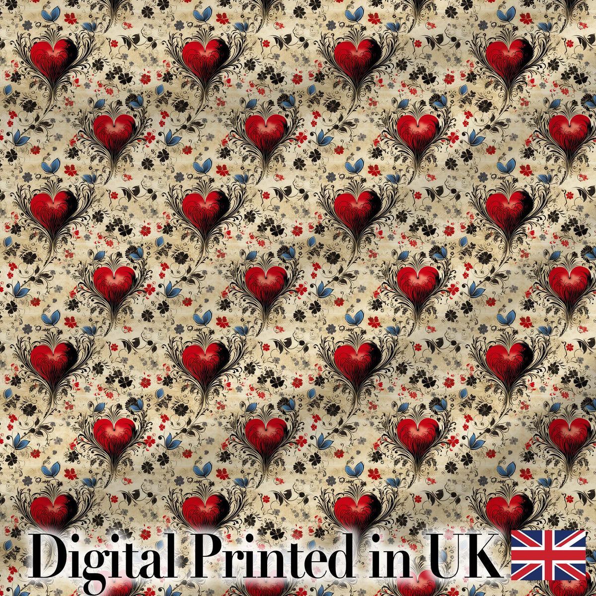 Vintage Red Heart Floral Swirl Ornamental Seamless Pattern Digital Print Fabric by the Metre UK Sewing Quilting Textile