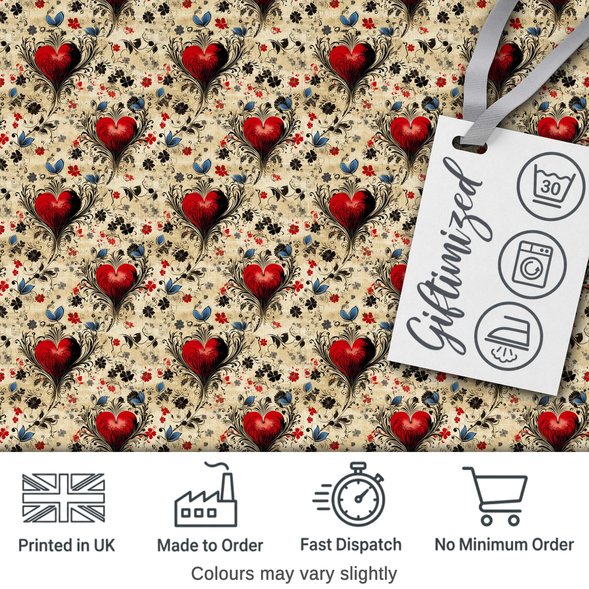 Vintage Red Heart Floral Swirl Ornamental Seamless Pattern Digital Print Fabric by the Metre UK Sewing Quilting Textile