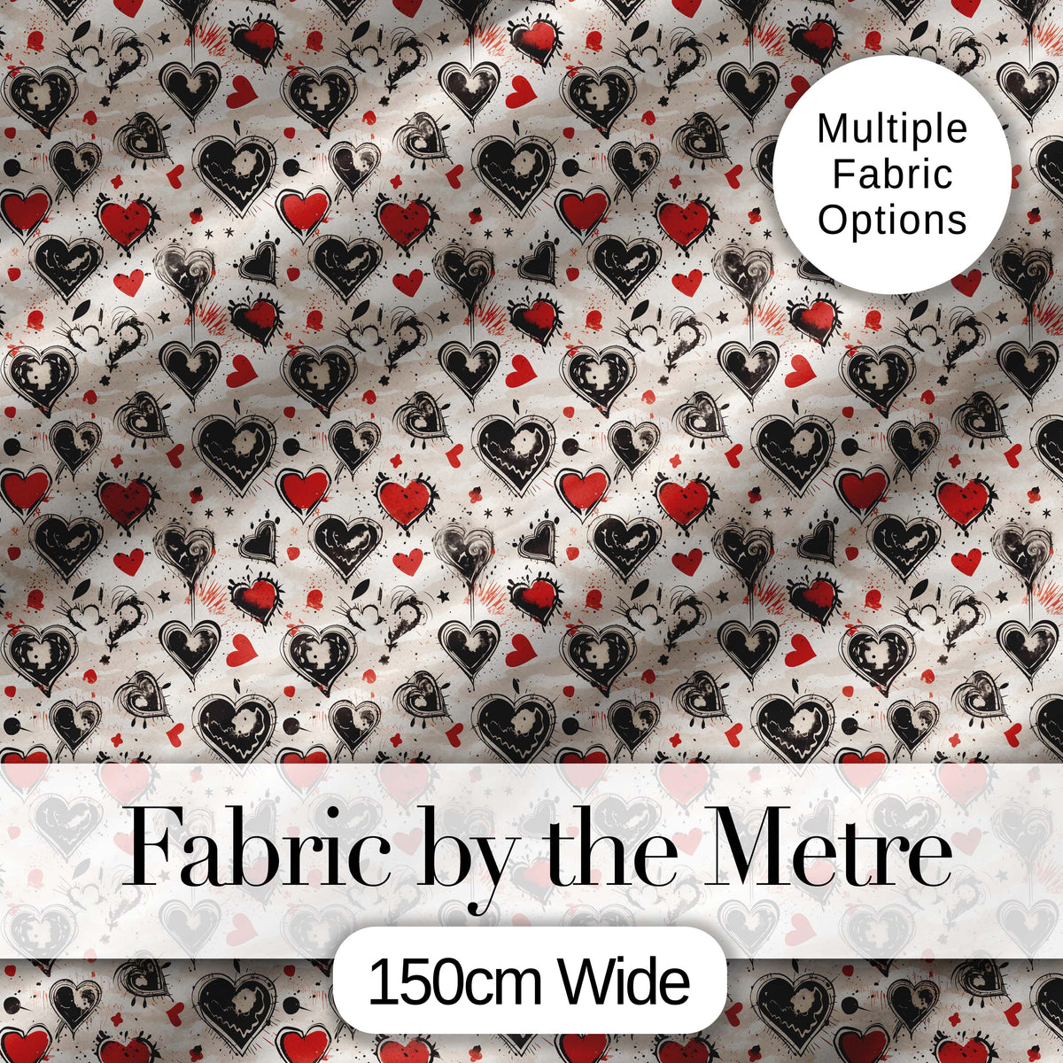 Grunge Hand Drawn Black and Red Heart Doodle Seamless Pattern Digital Print Fabric by the Metre UK Sewing Quilting Textile