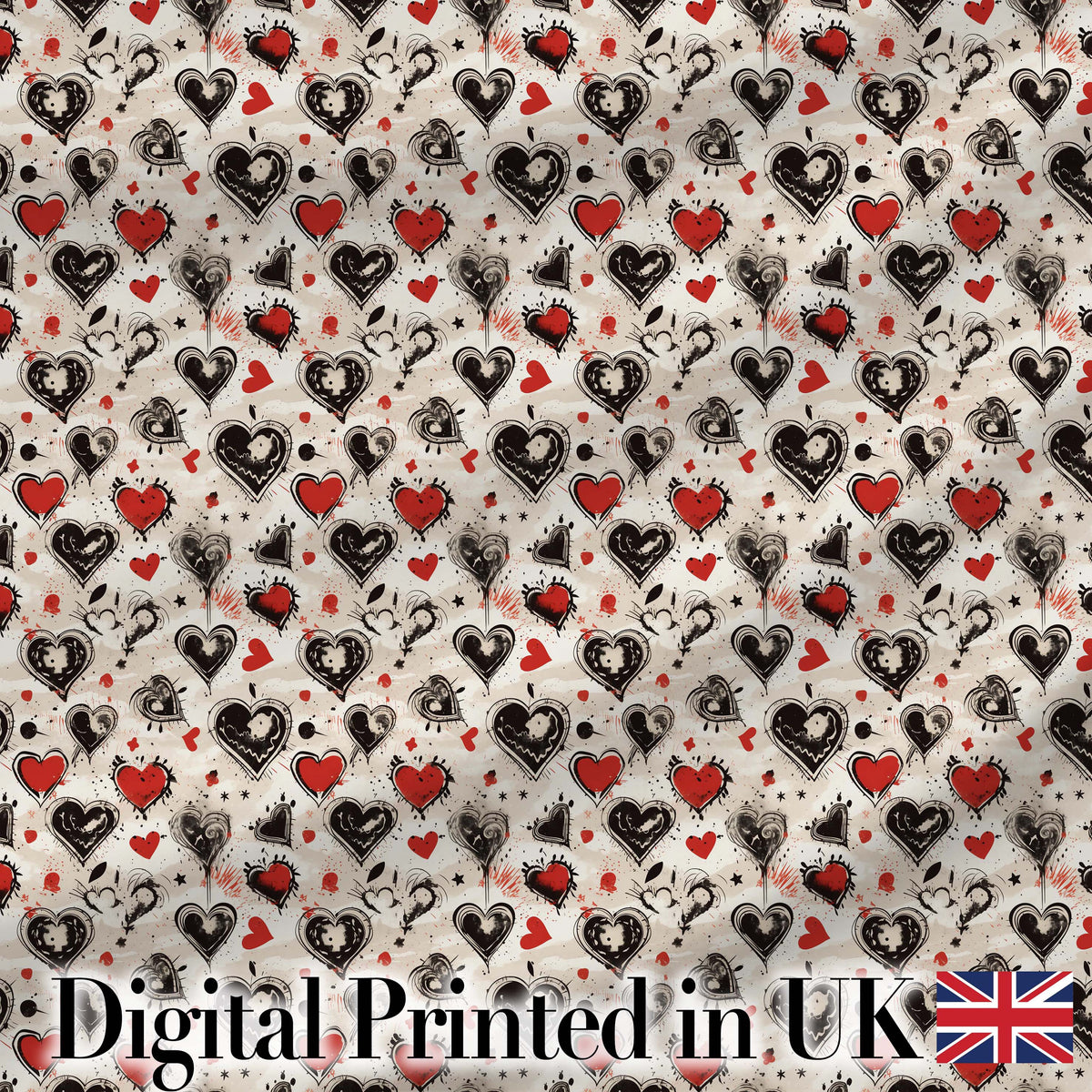 Grunge Hand Drawn Black and Red Heart Doodle Seamless Pattern Digital Print Fabric by the Metre UK Sewing Quilting Textile