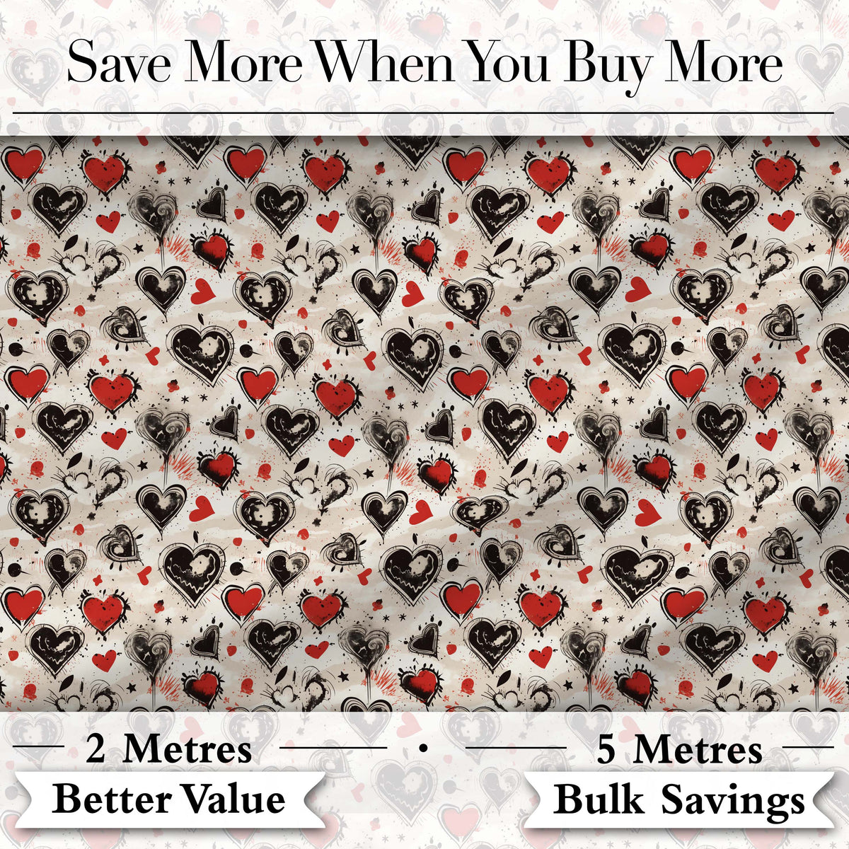 Grunge Hand Drawn Black and Red Heart Doodle Seamless Pattern Digital Print Fabric by the Metre UK Sewing Quilting Textile