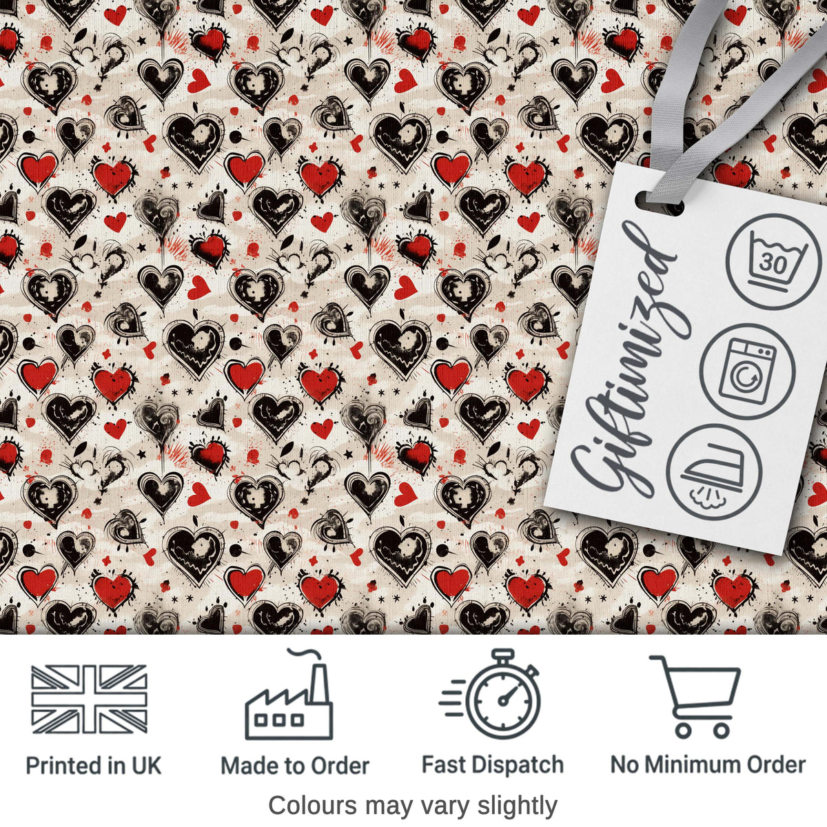 Grunge Hand Drawn Black and Red Heart Doodle Seamless Pattern Digital Print Fabric by the Metre UK Sewing Quilting Textile