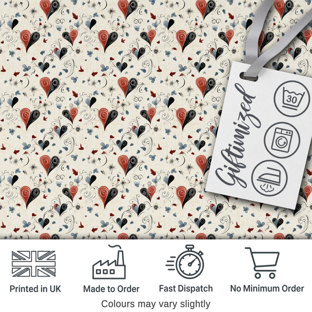 Elegant Abstract Heart Swirl and Floral Motif Seamless Pattern Digital Print Fabric by the Metre UK Sewing Quilting Textile